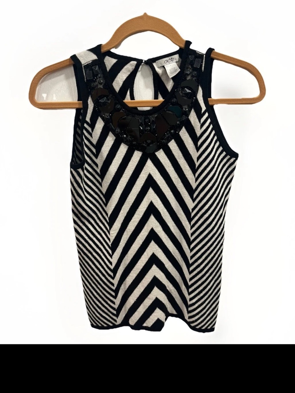 Cache Women’s Black White Chevron Knit Tank Top Embellished Lace Neck Size S